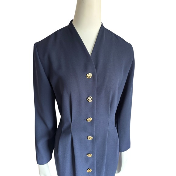 Vintage Navy Blue Button Front Dress Long Sleeve Modest Career Work - Picture 2 of 6